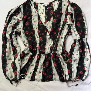 Floral Stripe V-Neck Peplum Blouse - Black & Cream